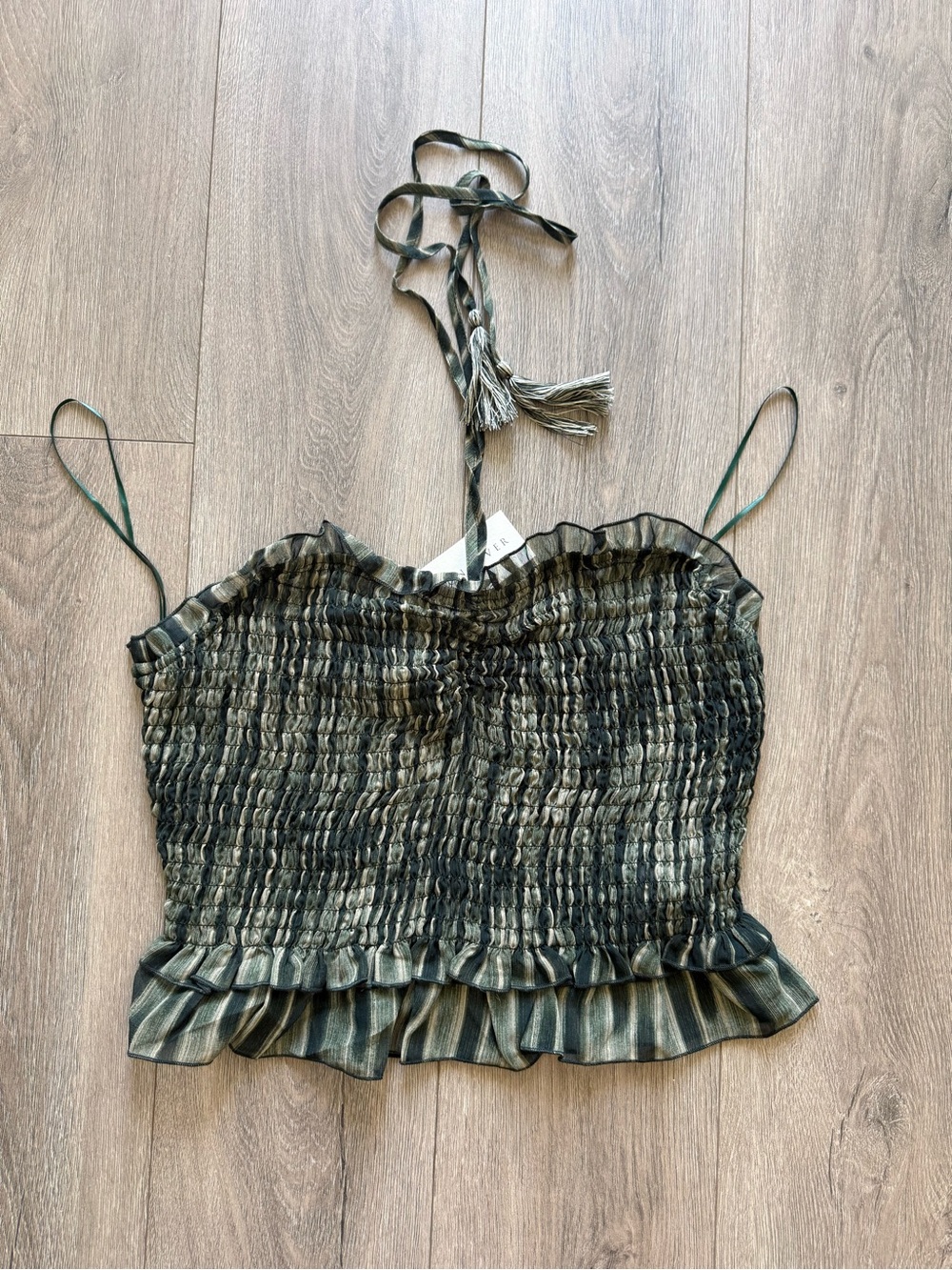 NWT Moon River x Anthropologie Olive-Striped Smocked Cami with Tassel Ties